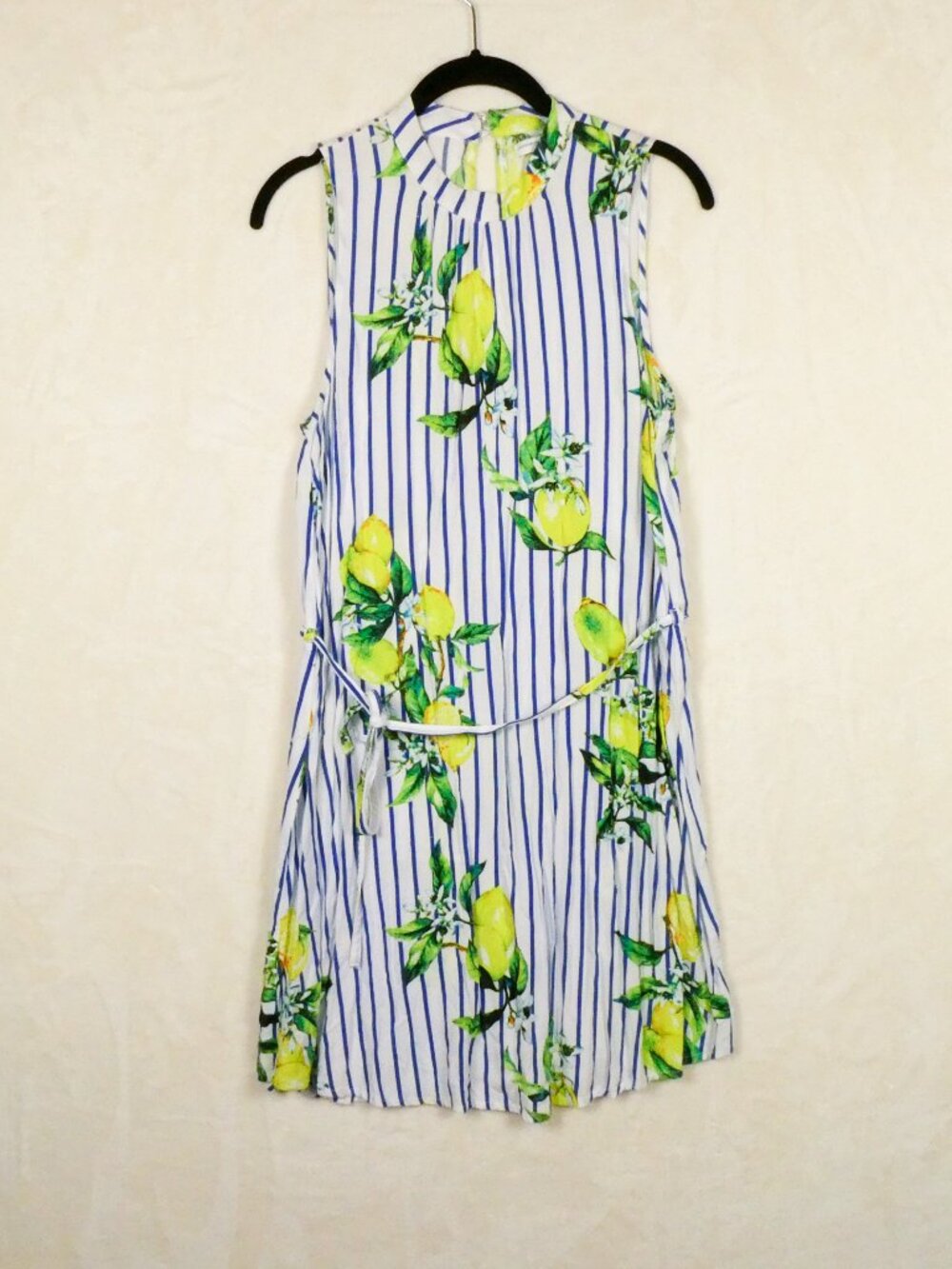 Jacqueline de Yong Striped Lemon Print Shift Dress Size 36 S 4 French High Neck